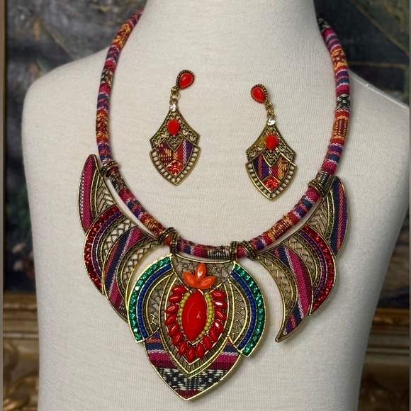 Handmade Jewelry - Handmade Bohemian Tribal Chunky Colorful Statement Necklace and Earring Set